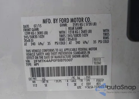2015 Ford Edge Sport from USA, damaged, VIN 2FMTK4AP0FBB70307